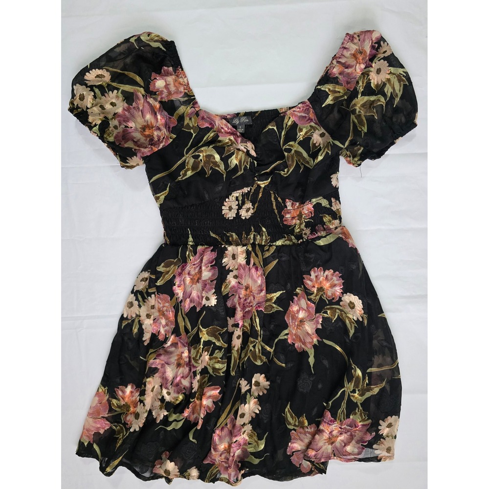 Lily Rose Floral Puff Sleeve Smocked Mini Dress Black Mauve Size Small - Picture 5 of 16